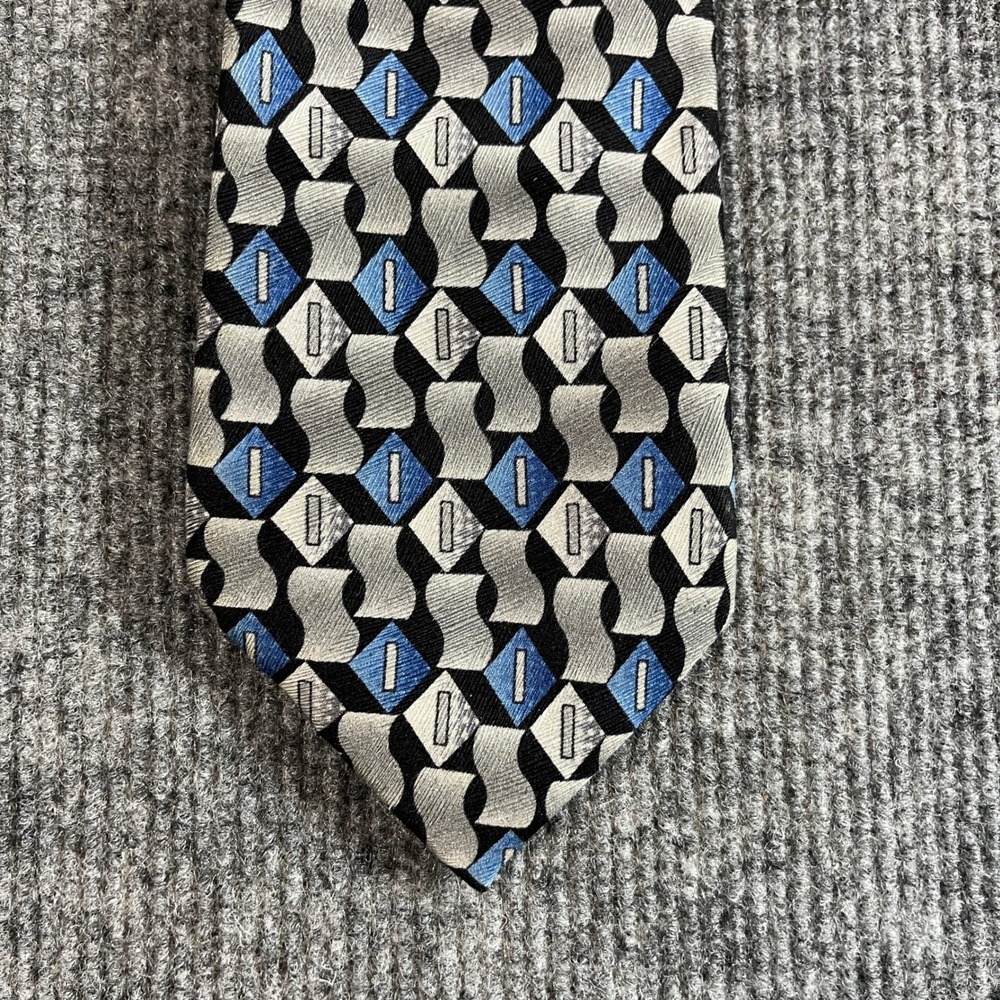 Carlos Devenezia Mens Silk Tie Blue Grey Black Geometric Handmade 60x4